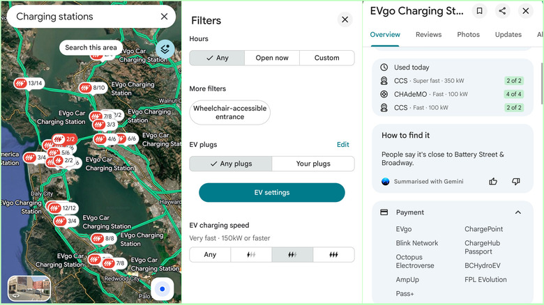 Screenshots showing charging station filtering in Google Maps