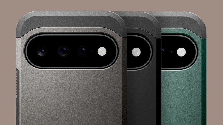 Close-up of Spigen Tough Armor Magfit case color options for the Pixel 11