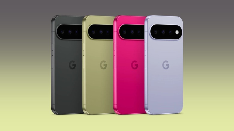 A promotiona image showing all four Pixel 11 colors against a gradient background