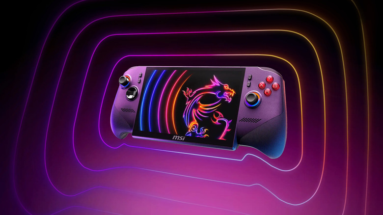 MSI Claw 8 EX AI+ on purple-to-black background