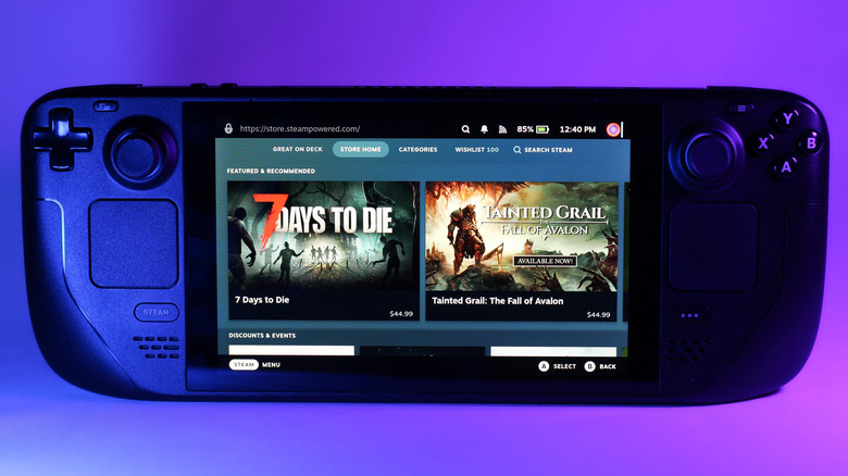 Steam Deck showing store on screen with blue/purple background