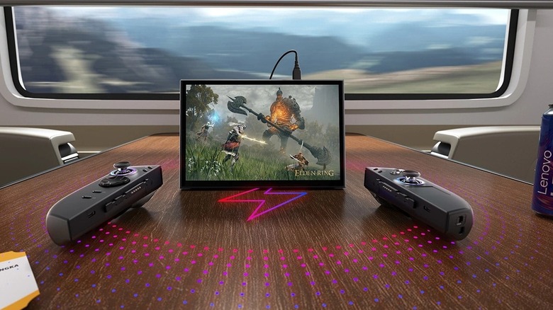 Legion Go 2 sitting on table on train with controllers detached