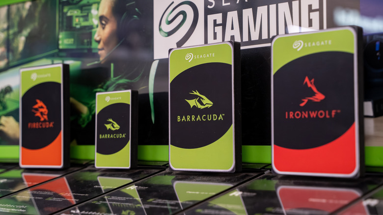 Display of Seagate Firecuda Barracuda and Ironwolf hard drives on display
