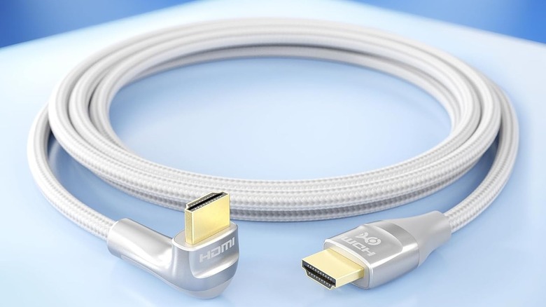 A loop of Cable Matters angled UHS HDMI cable
