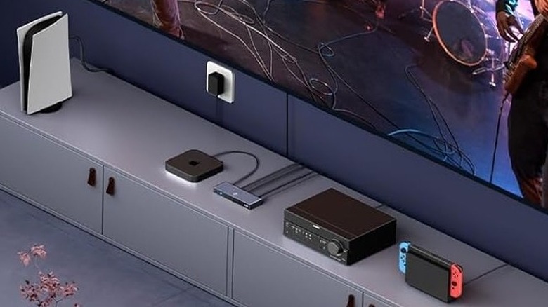 Ugreen 8K HDMI Switch connected to a TV, Nintendo Switch, Apple TV, and PS5