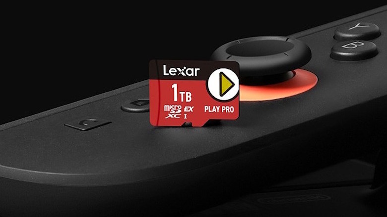 Lexar SD card resting on top of Switch 2 controller