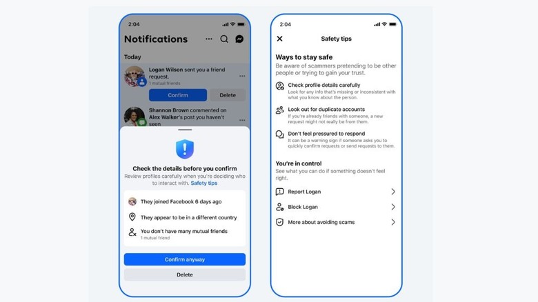 Facebook alerts for suspicious friend requests