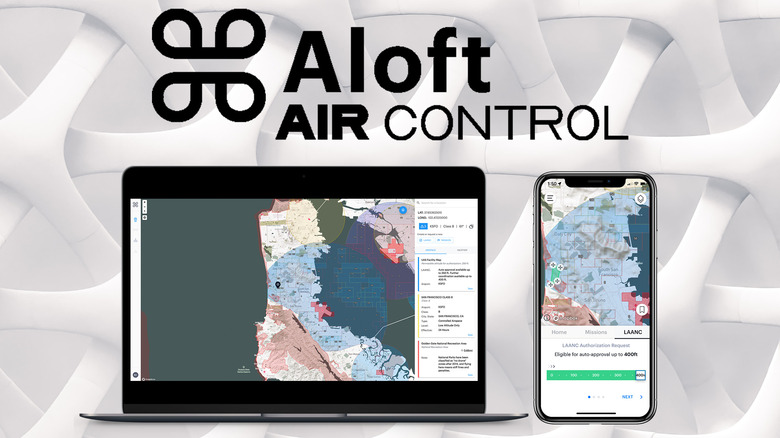 Aloft Air Control pictured on phone screen as well as laptop on white background
