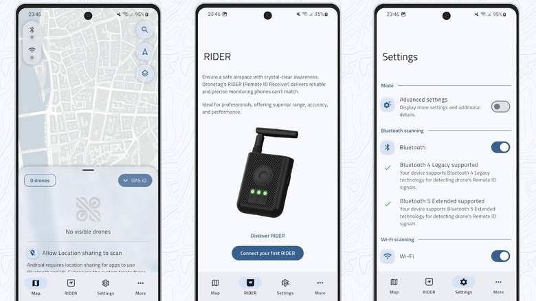 Three screenshots of Drone Scanner from the Play Store
