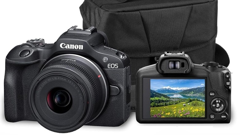 Canon EOS R100 and RF-S 18-45mm lens kit with bag.