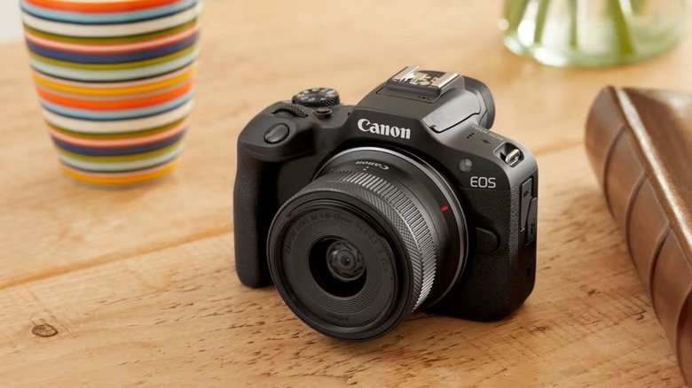 The Canon EOS R100 is a great entry level option from Canon's mirrorless range, seen here with lens connected on a table display.