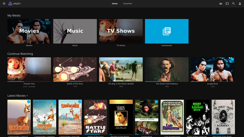 Jellyfin screenshot showing movies, music, and tv shows
