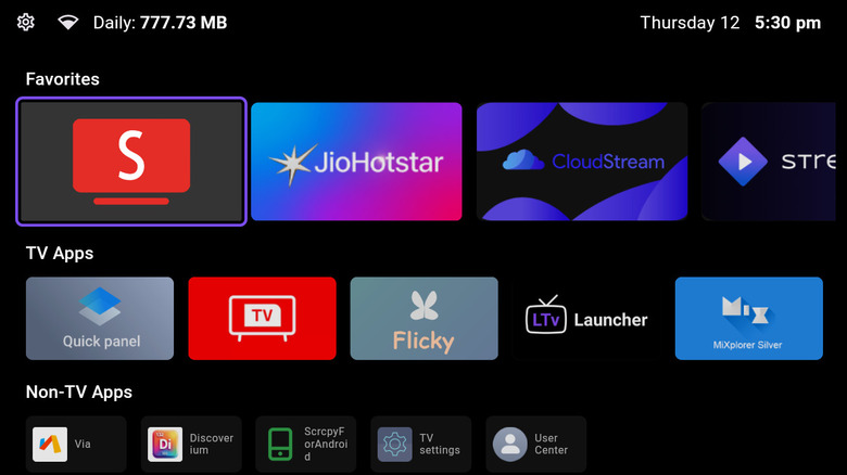 A screenshot showing an Android TV home screen using the LTvLauncher