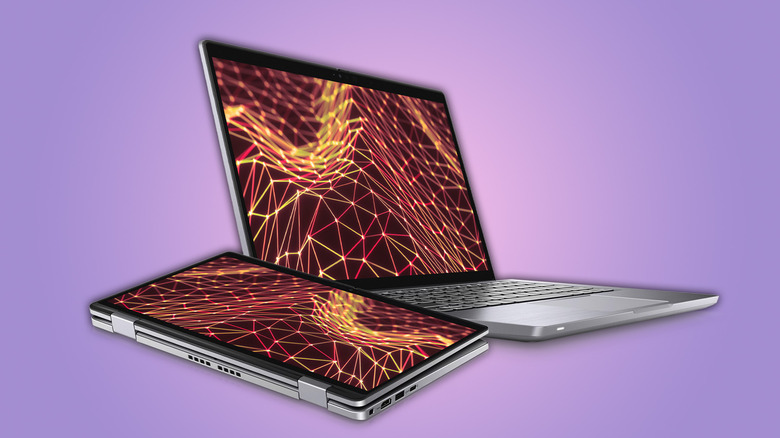 A Dell Latitude 7330 as a tablet and a laptop on a purple background