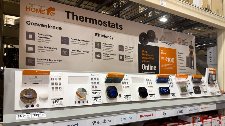 smart home thermostats in store display