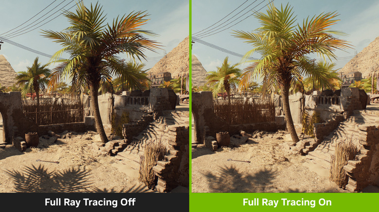 Indiana Jones game screenshot of desert environment, showing off non-ray tracing shadows vs full ray tracing
