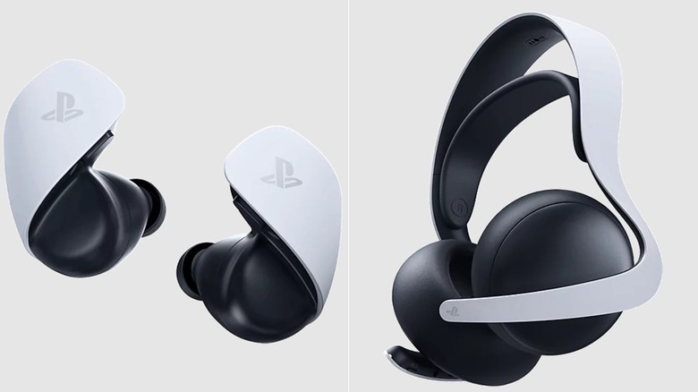 Product images for the PlayStation Pulse Explore earbuds and Pulse Elite headset