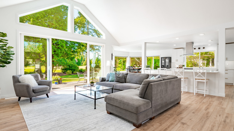 A brightly-lit, modern living room and connected kitchen