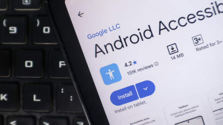 Android Accessibility Suite app listing for Play Store pictured on phone screen