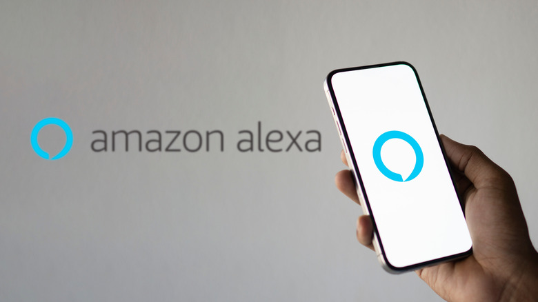 A person using a phone to communicate with Amazon Alexa