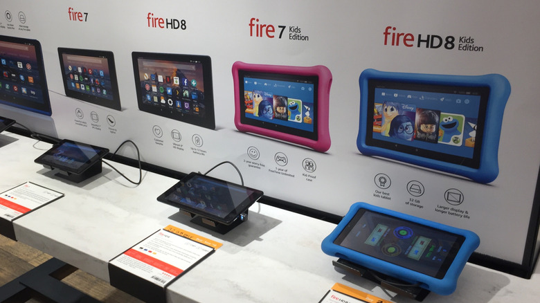 Several Amazon Fire tablets on display, including the Fire 7 Kids Edition and Fire HD8 Kids Edition