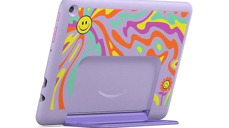 The back of an Amazon Fire HD 10 Kids Pro tablet, and it's being propped up by the kick stand