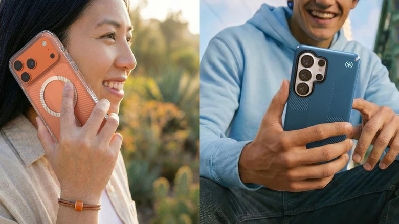 Two images showing people holding their phones with Speck cases