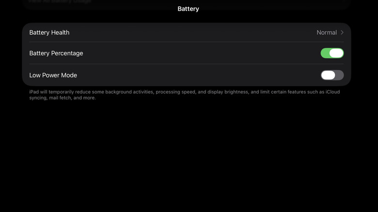 iPad showing Battery settings with Low Power Mode off