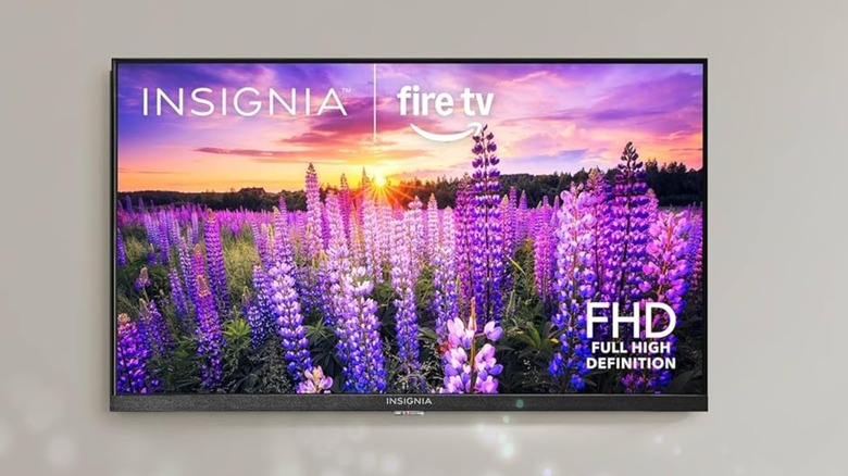 A promotional photo for the Insignia 24-inch F40 Series Full HD Smart Fire TV, the image shows the TV displaying a field of purple flowers