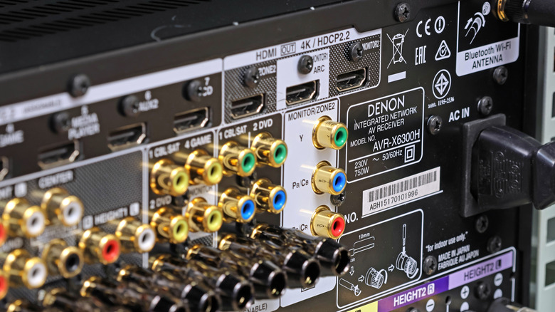 The inputs and outputs on the back of a Denon AV receiver.