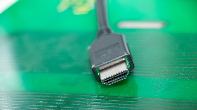 An HDMI cable on a PC board