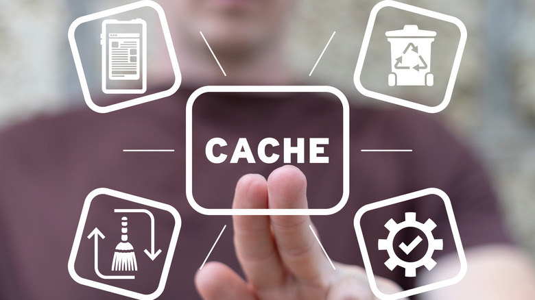 a man touching the word cache with icons around it