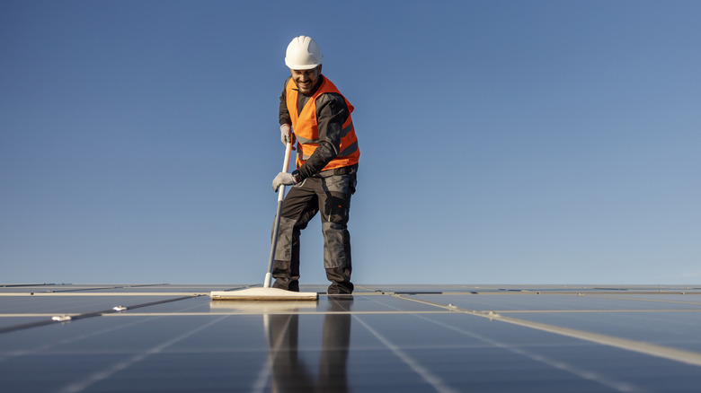 A person cleaning solar panels with a mop-like tool