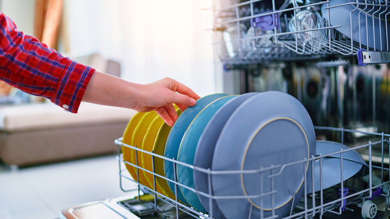 A person loading a dishwasher during the day