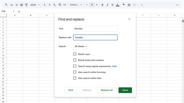 Screenshot of Google Sheets' Find and Replace popup