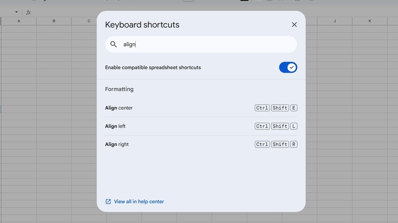 Screenshot of Google Sheets' searchable keyboard shortcuts tool