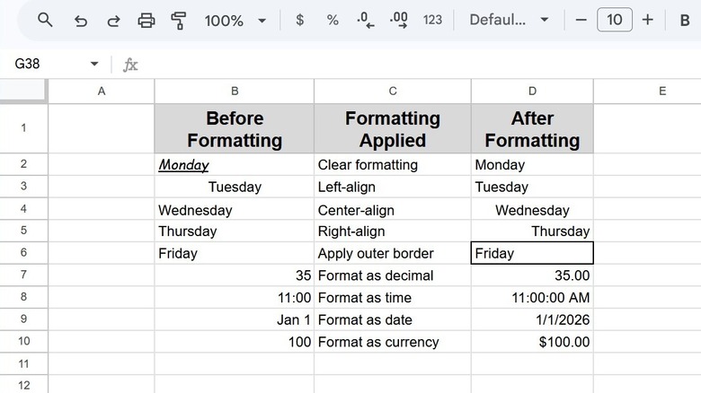 Screenshot of a various spreadsheet cell formatting styles