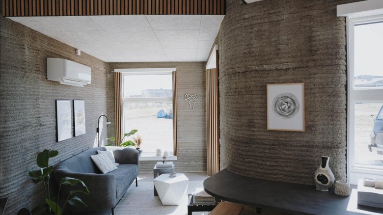 A decorated interior of a 3D-printed house