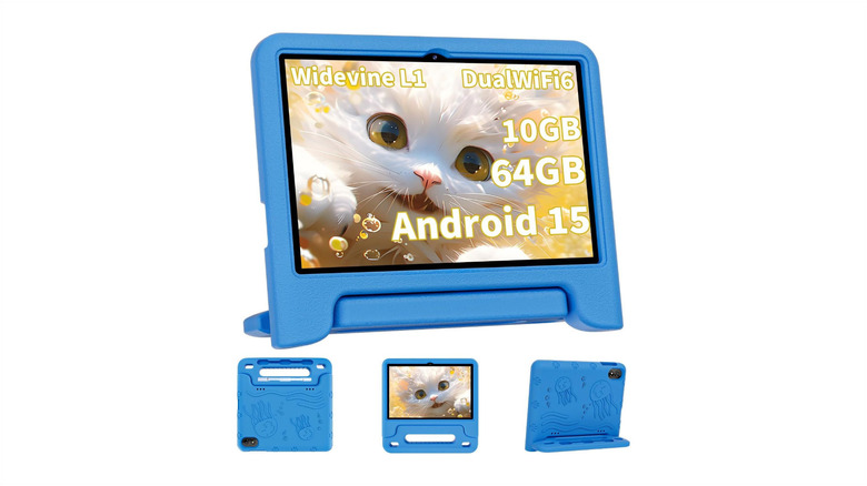 Multiple angles of the ColorRoom 10-inch kids' tablet against a white background