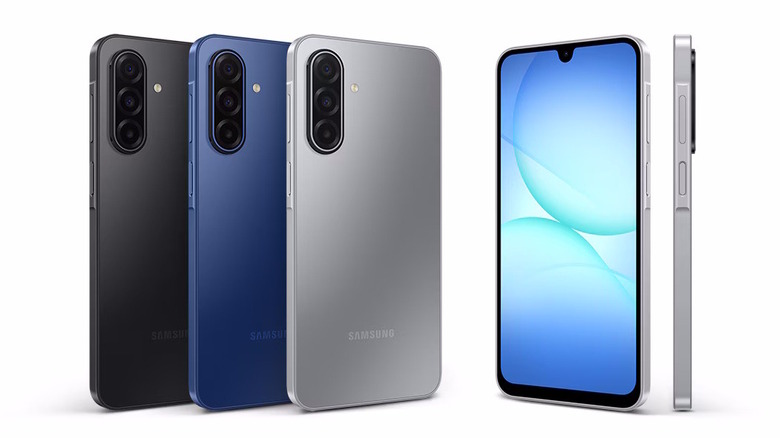 Three Galaxy A17 5G phones standing up side-by-side next to a photo view of the front and side of another phone