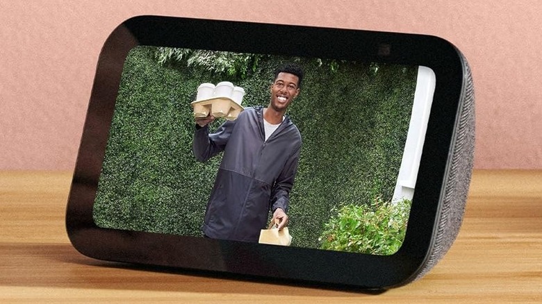 The Amazon Echo Show 5 (3rd Gen) showing a live feed from a video doorbell.