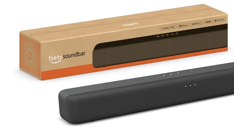 Amazon Fire TV soundbar with its box behind it