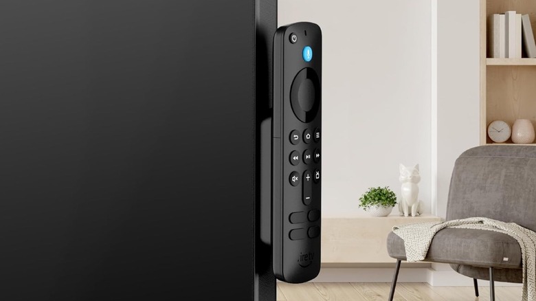Mission's Amazon Fire TV remote holder magnetically attached to a TV.