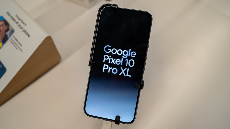 The Google Pixel 10 Prol XL phone on display