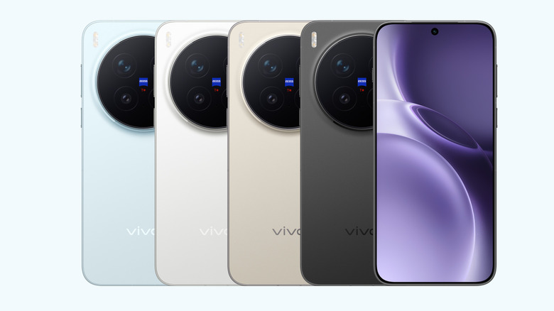 A number of Vivo X300 phones lined up, showing both its front and back.