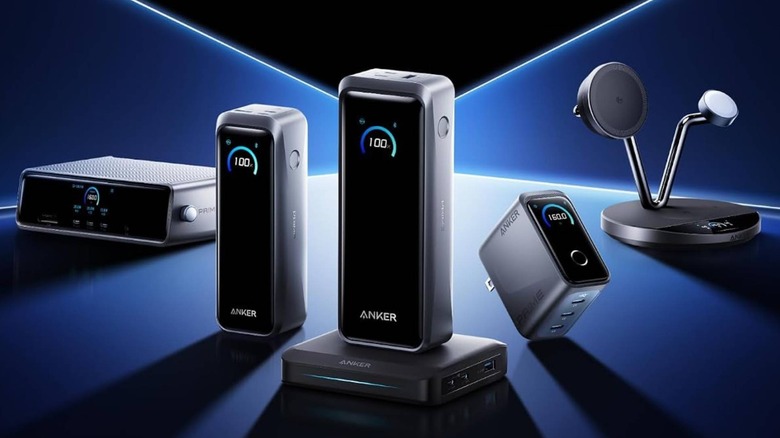 lineup of Anker charging devices on a blue and white background with a light coming from behind