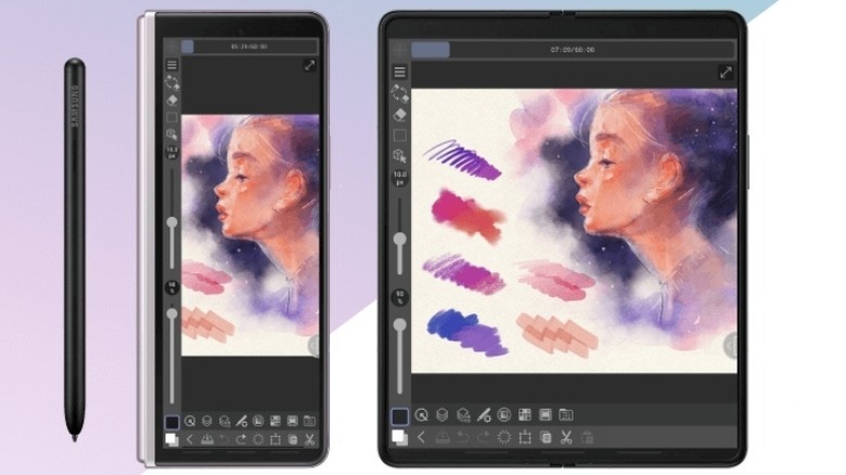 An illustration showing Clip Studio Paint on a foldable smartphone's cover and primary display with a S Pen next to it