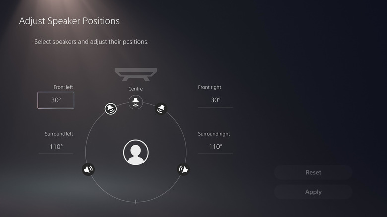 The adjust speaker position screen on PS5, showing a diagram of speaker positions