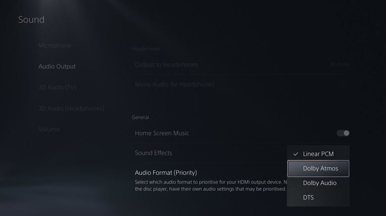 PS5 sound menu showing the four audio format options