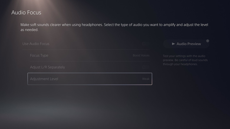 The PS5 audio focus menu